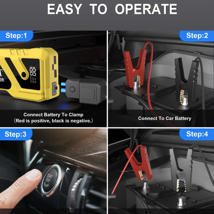 Car Battery Jump Starter 3000A Peak, 12V Jump Starter Battery Pack for Up to 8L Gas/5L Diesel, Battery Booster Jump Box, Power Bank USB QC3.0 Outputs Portable Charger, Jumper Cables LED Light Yellow