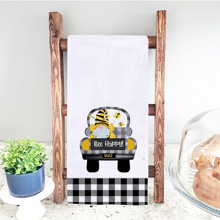 Secarond Set of 2 Buffalo Plaid Bee Gnome Kitchen Dish Towel 18 x 28 Inch, Seasonal Spring Summer Bee Happy Tea Towels Dish Cloth for Cooking Baking