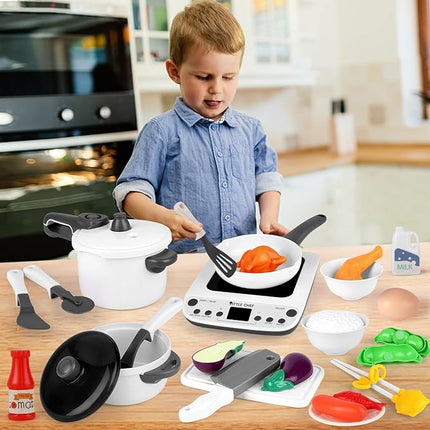 Kitchen Set for Kids, Kitchen Toys with Electronic Induction Cooktop, Steam Pressure Pot, Cookware, Pretend Play Kitchen Accessories, Cutting Play Food, Birthday Gifts for Girls Boys Toddlers (Gray) T43