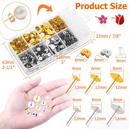 Caffox 2000pcs Stud Earring Making Kit with Earring Base and Backs for Leather, Clay, Pearl Jewelry Making (Gold & Silver)