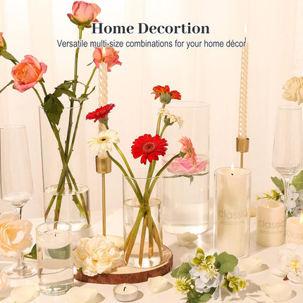 UPBUD 12PC Clear Cylinder Vases for Centerpieces | 4, 6, 8,10 Inch Tall Flower Vase for Wedding Decorations, Clear Floating Candle Vases in Bulk, Hurricane Candle Holders for Table, Home Décor