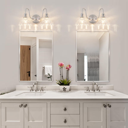 BrkNit Vintage Farmhouse Vanity Over Mirror, 2-Light Brushed Nickel Wall Sconce Lighting with Flower Glass Shade For Bedroom Kitchen Living Room Hallway Light