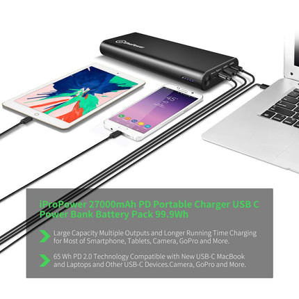 iProPower USB-C PD Power Bank 27000mAh, iProPower Portable External Battery Pack Power Delivery Charger for MacBook Air/Pro Camera iPhone 99.9 Wh