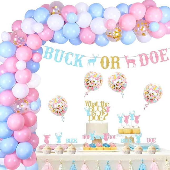 Buck or Doe Gender Reveal Decoration Pink Blue Buck or Doe Gender Reveal Cake Cupcake Toppers with Buck or Doe Banner Bunting Winter Baby Shower Gender Reveal Party Decoration Supplies for Boy or Girl