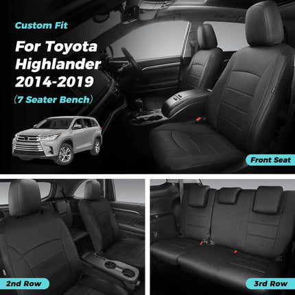 FEINEPRO Highlander Seat Covers for Toyota Highlander 2014 2015 2016 2017 2018 2019 7 Seats Full Set Faux Leather, 3-Row Second Row Captain's Chairs, Car Seat Protectors Accessories - Black