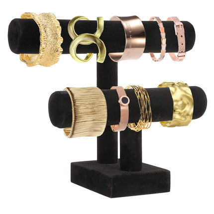 Resulzon 2 Tier Black Velvet T-Bar Bracelet Watch Bangle Necklace Holder Jewelry Stand Display Organizer
