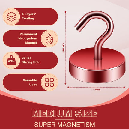Neosmuk 6PCS Magnetic Hooks, Cruise Ship Essentials, 40lb+ Heavy Duty Magnetic Hooks for Cruise Cabins, Refrigerator, Grill, Hanging, and Travel | Extra Strong Must-Haves Magnet Hook,Red