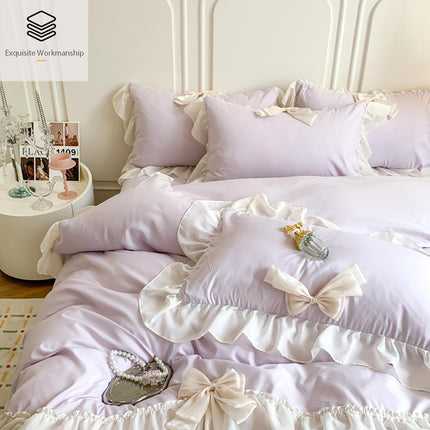 Rvciby 3PCS (1 Duvet Cover,2 Pillow Cases)  Soft Microfiber Yellow Bow Duvet Cover Bedding Set with Chiffon Lace & Cute Bows, Corner Ties & Zipper Closure