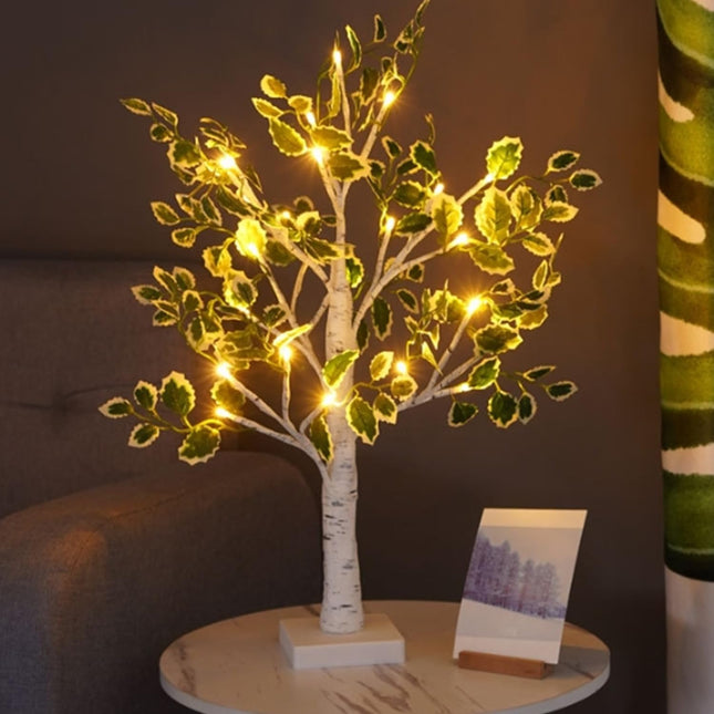 Tabletop LED 18" White Birch Table Tree Light with Artificial Green Leaves