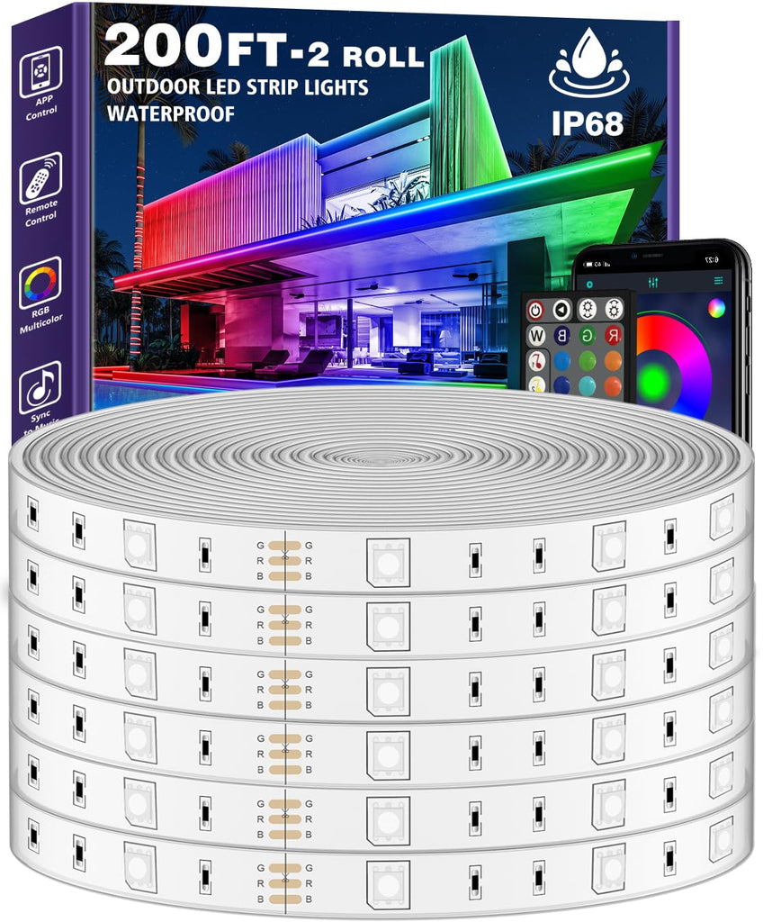 AILBTON 200FT/60M Outdoor LED Strip Light Waterproof,IP68 Outside LED Light Strip Waterproof with App Remote Control,Music Sync RGB Exterior LED Rope Light for Balcony,Deck,Rooftop,Garden