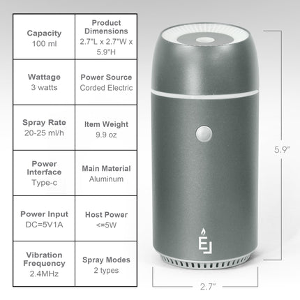 Earnest Living Essential Oil Diffusers Aluminium Car Air Fresheners Humidifier for Essential Oils Car Aromatherapy Diffuser 100ml Car Diffuser Timers Night Light Auto Off USB Portable Silver Gift