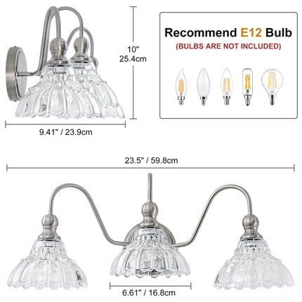 BrkNit Vintage Bathroom Light Fixtures Over Mirror, 3-Light Brushed Nickel Wall Sconce Lighting with Flower Glass Shade, Farmhouse Vanity Lights for Bedroom Kitchen Living Room Hallway Light