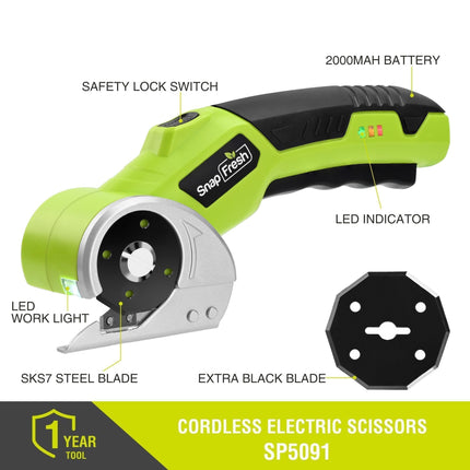 SnapFresh 4V Cordless Electric Scissors-Rechargeable Rotary Box Cutter w/ 2.0Ah Battery, 2 Self-Sharpening Blades, 285RPM,LED & Safety Lock, Carpet Cutter Tool for Cardboard, Fabric, Leather, Plastic