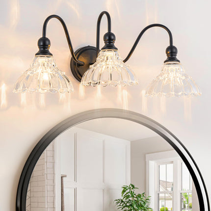 BrkNit Vintage Farmhouse Vanity Over Mirror 3-Light Black Wall Sconce Lighting with Flower Glass Shade, for Bedroom Kitchen Living Room Hallway Light