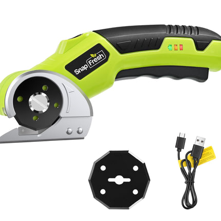 SnapFresh 4V Cordless Electric Scissors-Rechargeable Rotary Box Cutter w/ 2.0Ah Battery, 2 Self-Sharpening Blades, 285RPM,LED & Safety Lock, Carpet Cutter Tool for Cardboard, Fabric, Leather, Plastic