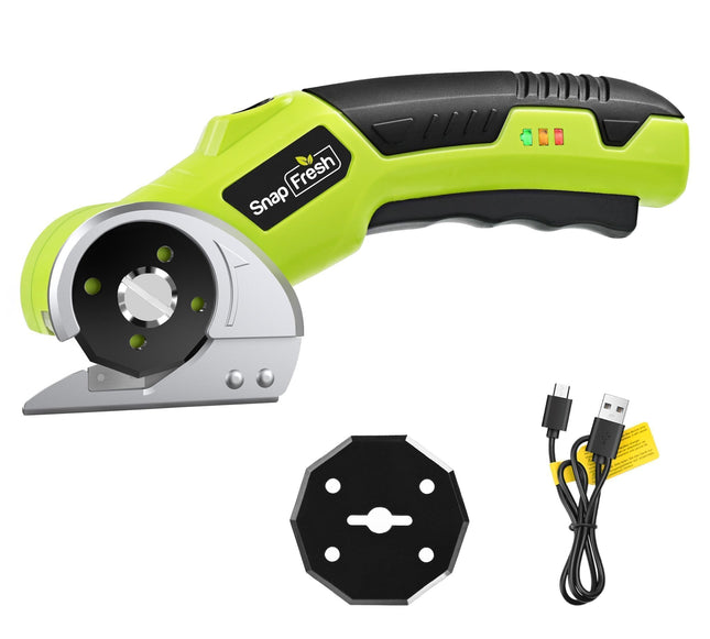 SnapFresh 4V Cordless Electric Scissors-Rechargeable Rotary Box Cutter w/ 2.0Ah Battery, 2 Self-Sharpening Blades, 285RPM,LED & Safety Lock, Carpet Cutter Tool for Cardboard, Fabric, Leather, Plastic