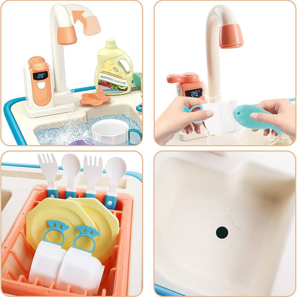 Kitchen Play Sink Toys with Running Water, Electric Dishwasher Playing Toy, Pretend Toy Sink Play kitchens for Boys Girls Birthday Gifts (Blue)