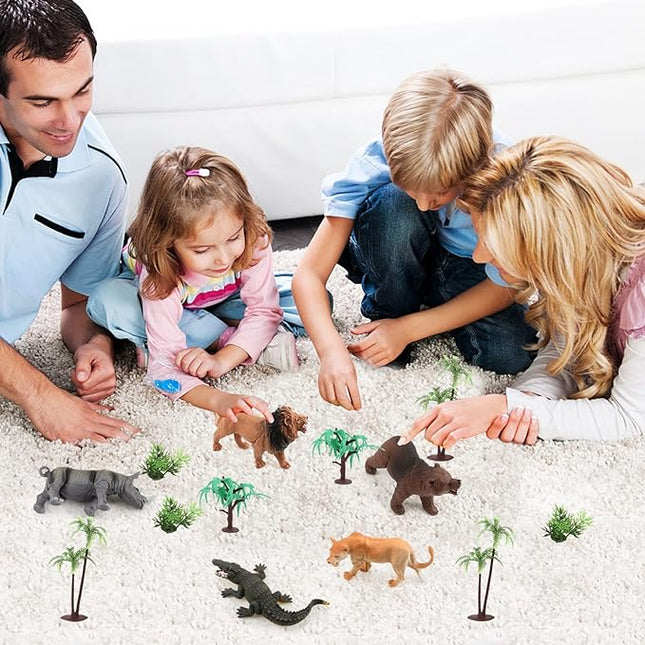 Aomola 24PCS Plastic Animal Toy Figure with Activity Play mat and Trees,Realistic Animal Figurines playset,Educational Jungle Toy Birthday Gift T18