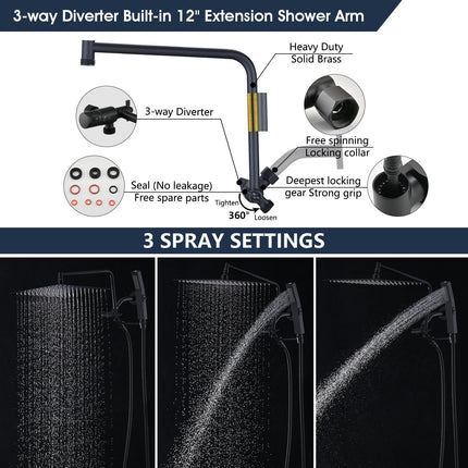 PDPBath All Metal Rain Shower Head with Handheld Built-in High Pressure Wash Mode, 12'' Rainfall Shower Head with Adjustable Z-shaped Extension Arm, Adjustable Brass Bracket, 79" Hose, Matte Black