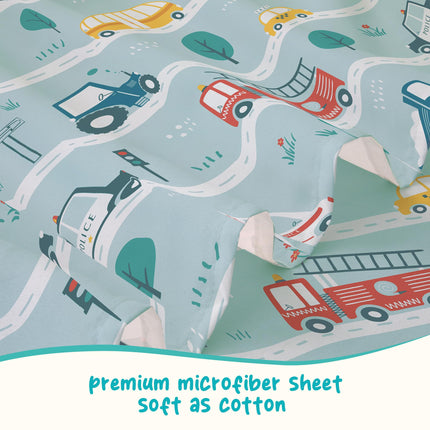 Bedmoon Boys Twin Single Sheets, Kids Car Truck Soft Microfiber Twin Sheets & Pillowcases with Elastic Corner Straps, Tint
