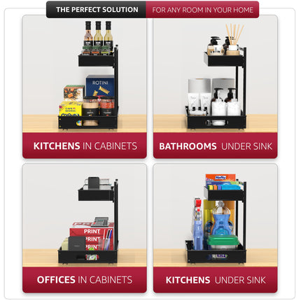 Sorbus Under Sink Organizer with Sliding Tracks and Adhesive Tape - 2-Tier Pull-Out Storage Rack for Kitchen and Bathroom - No Drill Under Sink Organization Storage Cabinet Shelf
