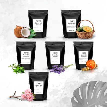 Yogti 6 Pack Epsom Bath Salts 300g each, Body and Foot Soak, Made with Unique Oils Eucalpytus Mint, Rosewood, Cucumber Melon, Coconut, Orange Ginger and Lavender - 1 Set