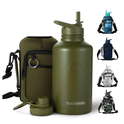 Thermosis 64oz Insulated Stainless Steel Water Bottle with Straw & Holder Strap Includes 2 Lids, Army Green