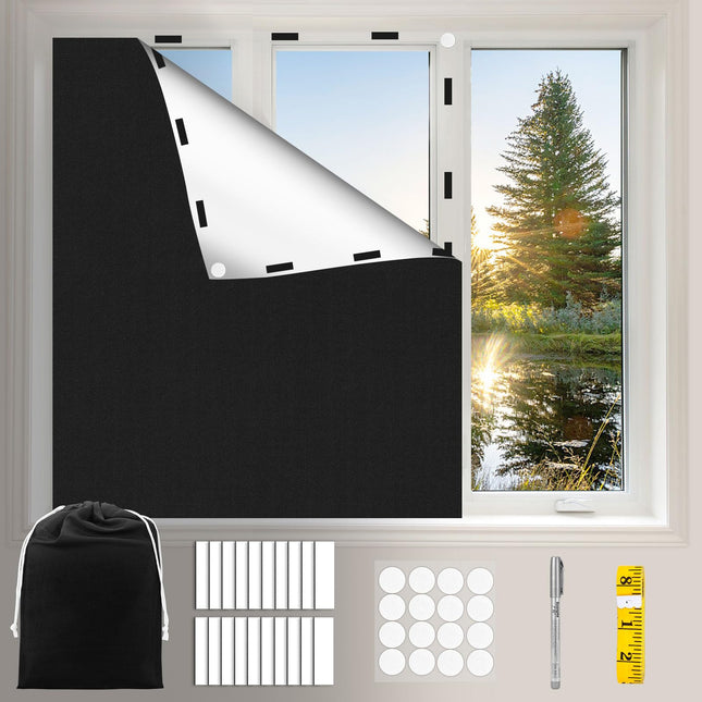 Funkoiteer Blackout Blind Curtain 350x145 cm 100% Blackout Blinds for Window, Portable Blackout Shades Film with Hook & Loop Tabs Fits Any Window Size for Bedroom Nursery Loft Travel RV Car, No Drill
