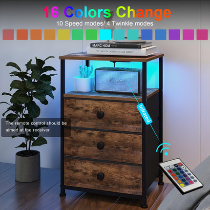 GiftGo Nightstand with Charging Station Led Light and 3 Fabric Drawers- #C1
