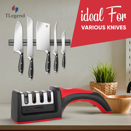 Knife Sharpeners for Kitchen Knives, Stainless Steel, 4 in 1 Ergonomic Knife Sharpening Kit, Easy to Use, with 4 Stage Sharpening Slots, Black