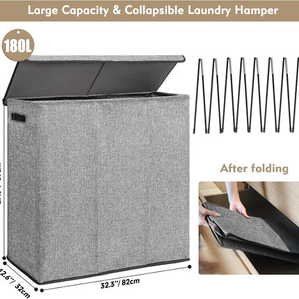 DOKEHOM 180L Laundry Basket with Removable Lid and Laundry Bags, Large Collapsible Laundry Hamper with 3 Sections for Bedroom, Bathroom, Laundry Room, College (grey)