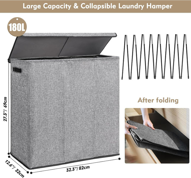 DOKEHOM 180L Laundry Basket with Removable Lid and Laundry Bags, Large Collapsible Laundry Hamper with 3 Sections for Bedroom, Bathroom, Laundry Room, College (grey)