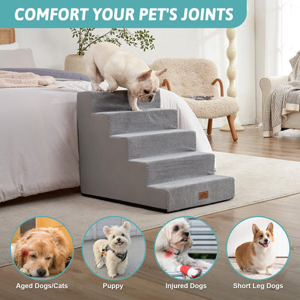 COZY KISS Dog Stairs for Small Dogs, 5 Tier Wider Pet Stairs for High Beds, 23.6" H Non-Slip Dog Steps for Old Cats, Puppies, Small Medium Dogs, 19.7x29.5x23.6 inch, Grey