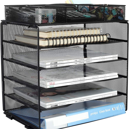 EasyPAG Desk File Organizer 5-Tier Mesh Desk Organizers and Storage Desk Accessories with Drawer Paper Tray Organizer,Black