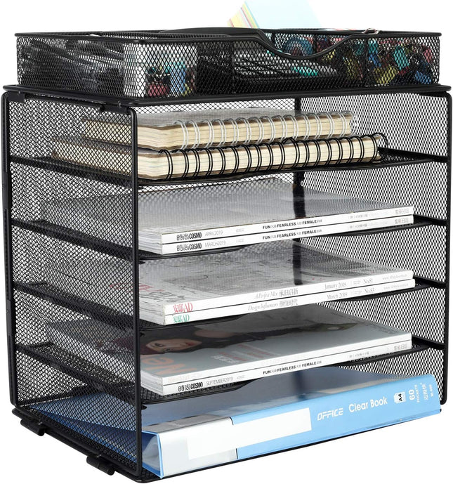 EasyPAG Desk File Organizer 5-Tier Mesh Desk Organizers and Storage Desk Accessories with Drawer Paper Tray Organizer,Black