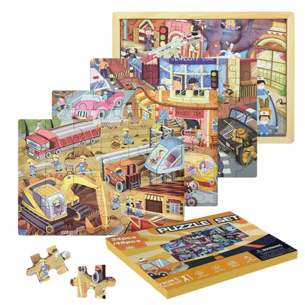 NAIJUTE Toddler Wooden Montessori Jigsaw Puzzle Set (24 & 48 Pieces), Preschool Learning Toys with Traffic, Fire Truck & Construction Themes