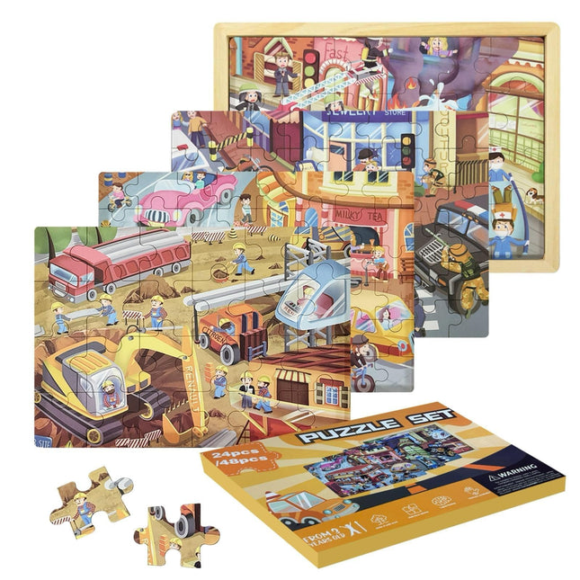 NAIJUTE Toddler Wooden Montessori Jigsaw Puzzle Set (24 & 48 Pieces), Preschool Learning Toys with Traffic, Fire Truck & Construction Themes