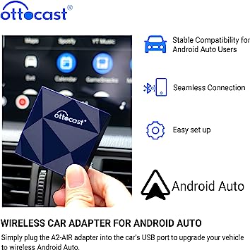 Ottocast Wireless Android Auto Adapter A2 Air, Wireless Car Adapter for OEM Wired Android Auto Cars, Plug & Play, Excellent Compatibility, Seamless Connection, 15S Auto Connection, Online Update