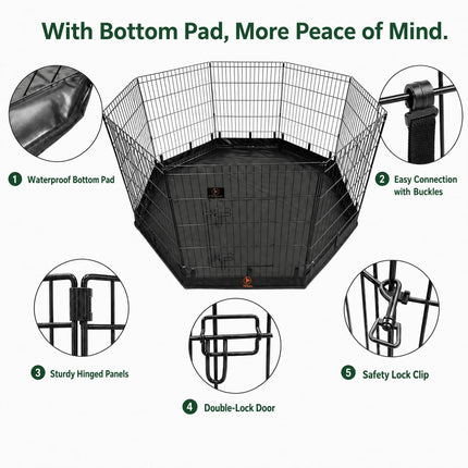 PJYuCien Puppy Playpen with Bottom Pad and Door, 8 Panels 30" H, Black