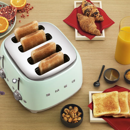 Smeg 50's Style Retro Aesthetic 4 Slice Toaster 6 Presets Extra Wide Slots, Pastel Green, TSF03PGUS