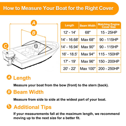 KIPIEA 14'-16'L beam width up to 68"W Trailerable Boat Cover, A6-TS10 BLACK