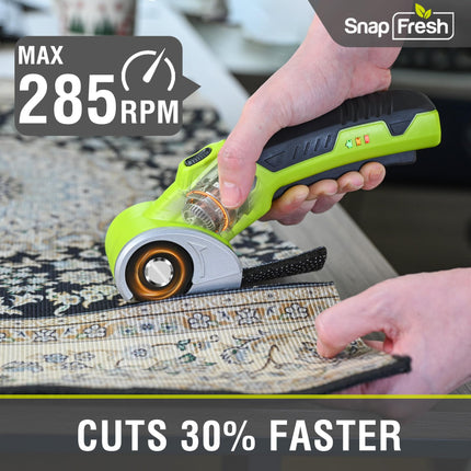 SnapFresh 4V Cordless Electric Scissors-Rechargeable Rotary Box Cutter w/ 2.0Ah Battery, 2 Self-Sharpening Blades, 285RPM,LED & Safety Lock, Carpet Cutter Tool for Cardboard, Fabric, Leather, Plastic