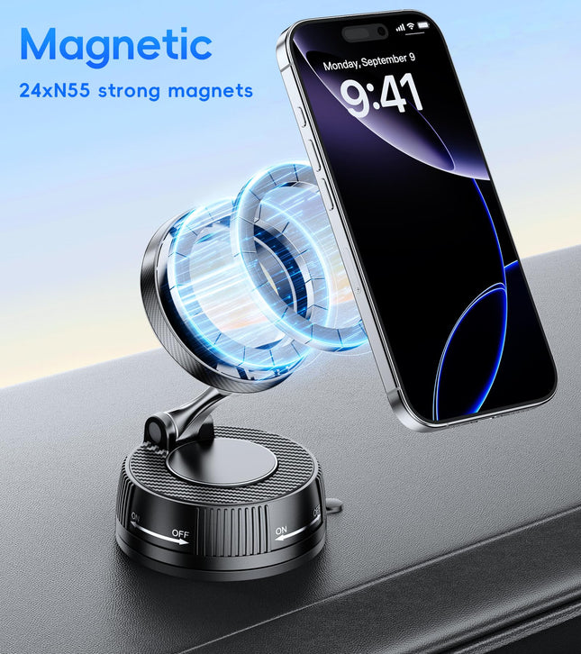 Lazmount Car Mount for MagSafe All Smartphones One-Tap Rotate for Calls, N55 Magnets Stay Rock-Solid ABS Silicone Magnet Nano Gel Suction and 24 N55 Magnets Twist-Lock 180/360 Adjust Holder -Black