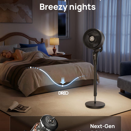 DREO Fan for Bedroom, 90° Oscillating Standing Fan, 20dB Quiet, 90ft Pedestal Fans for Room Office, DC Motor, 8+H Speeds, 3 Modes, 38-42'' Adjustable Height, Remote, 8H Timer, 105° Manual Vertical