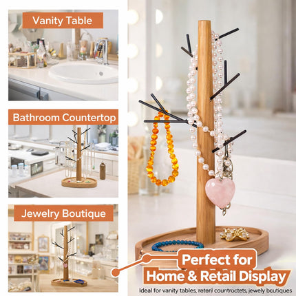 【Elegant & Sturdy】 Black Metal Jewelry Stand with Acacia Wood Tray | Necklace & Bracelet Holder | Minimalist Jewelry Organizer for Vanity, Bathroom & Retail Display | 34 cm Tall