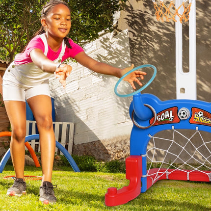 Madzee 4-in-1 Kids Basketball Hoop, Sports Activity Center, Basketball, Soccer, Hockey, Ring Toss Game Playset, Ideal Indoor and Outdoor Sports Activity Center for Boys Girls Toddlers