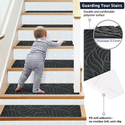 Bolinker 15pc Non-Slip Stair Treads Self-Adhesive Mats for Wooden Steps, Size 29.9 x 7.9" Grey