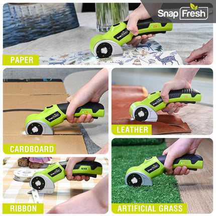 SnapFresh 4V Cordless Electric Scissors-Rechargeable Rotary Box Cutter w/ 2.0Ah Battery, 2 Self-Sharpening Blades, 285RPM,LED & Safety Lock, Carpet Cutter Tool for Cardboard, Fabric, Leather, Plastic