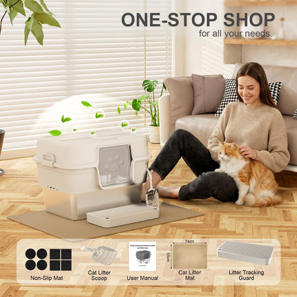 Stainless Steel Litter Box with Lid, XL Extra Large Litter Box for Big Cats, Enclosed Metal Litterboxes High Sided with Handles, Easy Cleaning Anti-Urine Leakage, Mat & Filter Pedal & Scoop, Beige