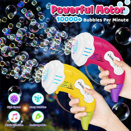 Horn Bubble Machine Gun for Kids: 2 Pack Automatic/Blowing Mode Bubble Maker Blower Blaster Toys with 20 Refill Solutions, Music Function, Summer Outdoor Toys Birthday Gifts for Toddlers Ages 3-8